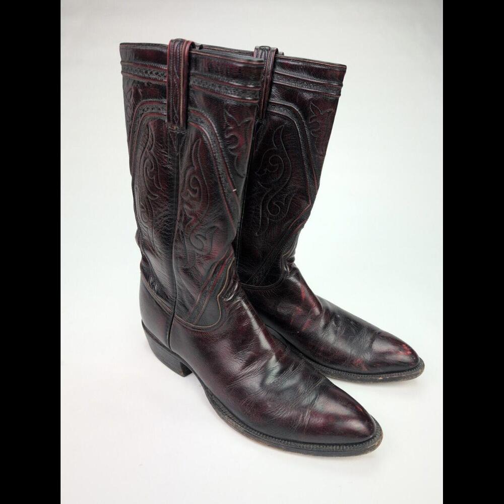 VTG 70s LUCCHESE CLASSICS Sz 10.5C L6631 Black Cherry Goat Leather Western Boots